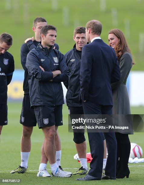 The Duke and Duchess of Cambridge meet England players Frank Lampard and Steven Gerrard after the training session during the official launch of The...