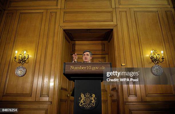 Britain's Prime Minister Gordon Brown gestures while speaking at his monthly news conference at Number 10 Downing Street on February 18, 2009 in...