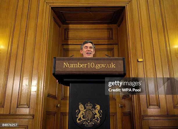 Britain's Prime Minister Gordon Brown gestures while speaking at his monthly news conference at Number 10 Downing Street on February 18, 2009 in...