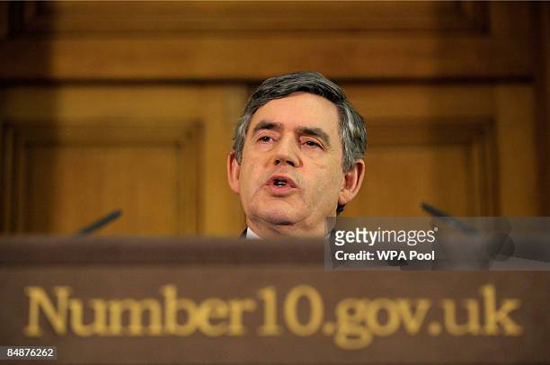 Britain's Prime Minister Gordon Brown gestures while speaking at his monthly news conference at Number 10 Downing Street on February 18, 2009 in...