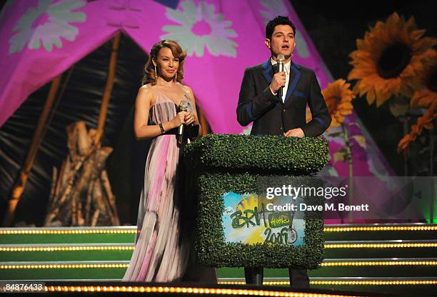 Kylie Minogue and Matthew Horne perform on stage during the rehearsals ahead of The Brit Awards 2009, at Earls Court One on February 18, 2009 in...