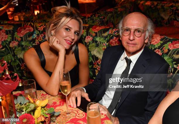 Charissa Thompson and Larry David attend the HBO's Official 2017 Emmy After Party at The Plaza at the Pacific Design Center on September 17, 2017 in...