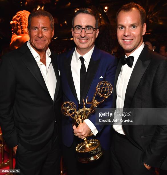 Chief Executive Officer of HBO Richard Plepler, John Oliver and President of HBO Programming Casey Bloys attend the HBO's Official 2017 Emmy After...