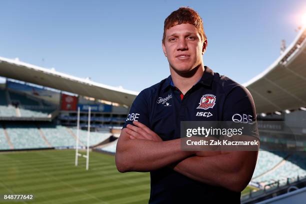 Dylan Napa poses during a Sydney Roosters NRL training and media session at Allianz Stadium on September 18, 2017 in Sydney, Australia.