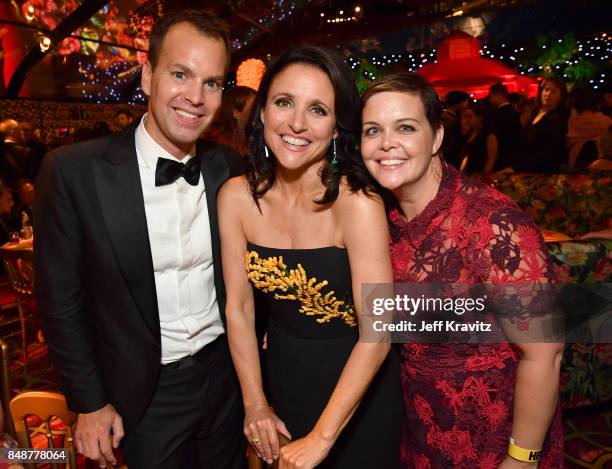 President of HBO Programming Casey Bloys, Julia Louis-Dreyfus and EVP of Programming Amy Gravitt at HBO attends the HBO's Official 2017 Emmy After...