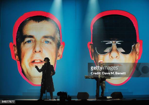 Neil Tennant and Chris Lowe of the Pet Shop Boys perform on stage during the rehearsals ahead of The Brit Awards 2009, at Earls Court One on February...
