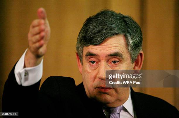 Britain's Prime Minister Gordon Brown speaks during his monthly news conference at Number 10 Downing Street on February 18, 2009 in London, England....