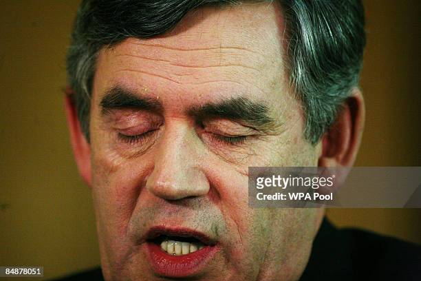 Britain's Prime Minister Gordon Brown speaks during his monthly news conference at Number 10 Downing Street on February 18, 2009 in London, England....