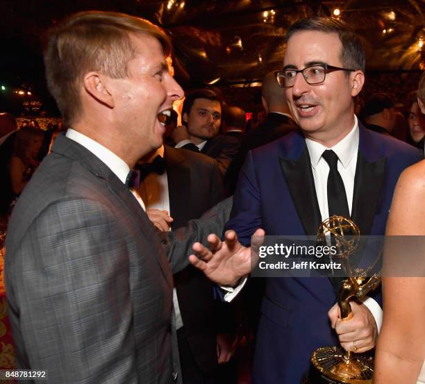 Jack McBrayer and John Oliver attend the HBO's Official 2017 Emmy After Party at The Plaza at the Pacific Design Center on September 17, 2017 in Los...