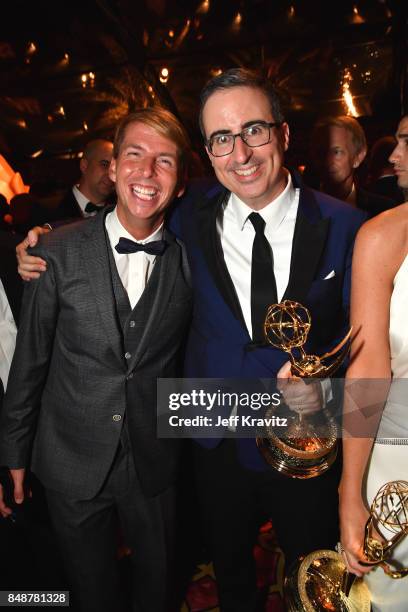Jack McBrayer and John Oliver attend the HBO's Official 2017 Emmy After Party at The Plaza at the Pacific Design Center on September 17, 2017 in Los...