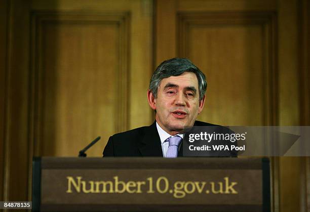 Britain's Prime Minister Gordon Brown speaks during his monthly news conference at Number 10 Downing Street on February 18, 2009 in London, England....