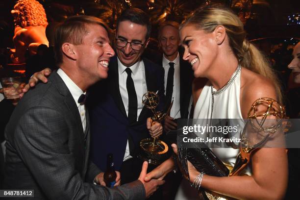 Jack McBrayer, John Oliver and Kate Norley attend the HBO's Official 2017 Emmy After Party at The Plaza at the Pacific Design Center on September 17,...