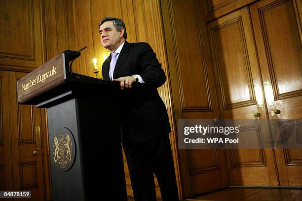 Britain's Prime Minister Gordon Brown speaks during his monthly news conference at Number 10 Downing Street on February 18, 2009 in London, England....