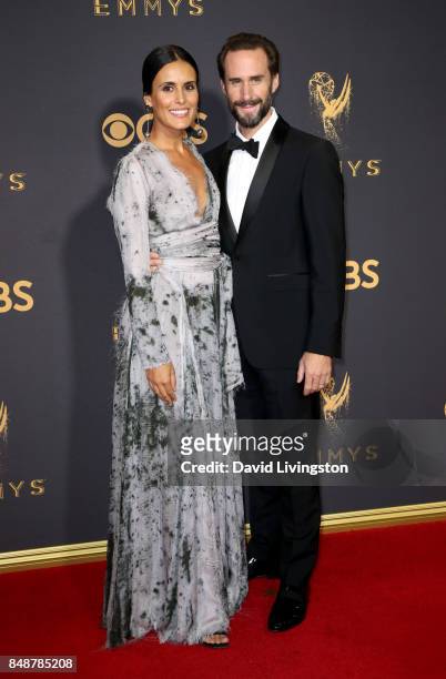 Actors Maria Dolores Dieguez and Joseph Fiennes attend the 69th Annual Primetime Emmy Awards - Arrivals at Microsoft Theater on September 17, 2017 in...