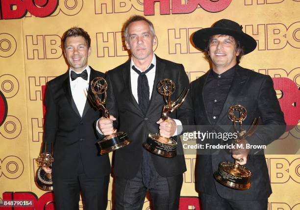 Per Saari, Jean-Marc Vallee, and Nathan Ross attend HBO's Post Emmy Awards Reception at The Plaza at the Pacific Design Center on September 17, 2017...