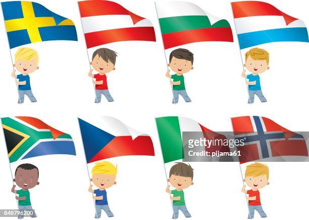 world flags and children - holding flag stock illustrations