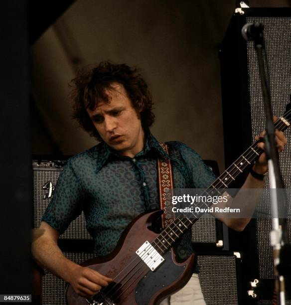 Scottish singer, bass guitarist and musician Jack Bruce performs live on stage playing a Gibson EB0 bass guitar with Tony Williams and Lifetime at...