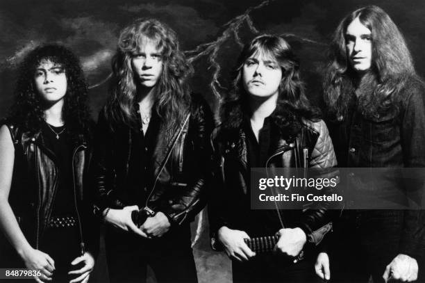 Photo of Cliff BURTON and METALLICA and Kirk HAMMETT and James HETFIELD and Lars ULRICH; L-R: Kirk Hammett, James Hetfield, Lars Ulrich, Cliff Burton...
