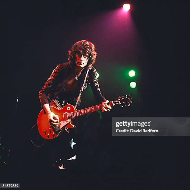 Guitarist Jimmy Page performs live on stage playing a Gibson Les Paul guitar during a concert by English rock band Led Zeppelin on the third of three...