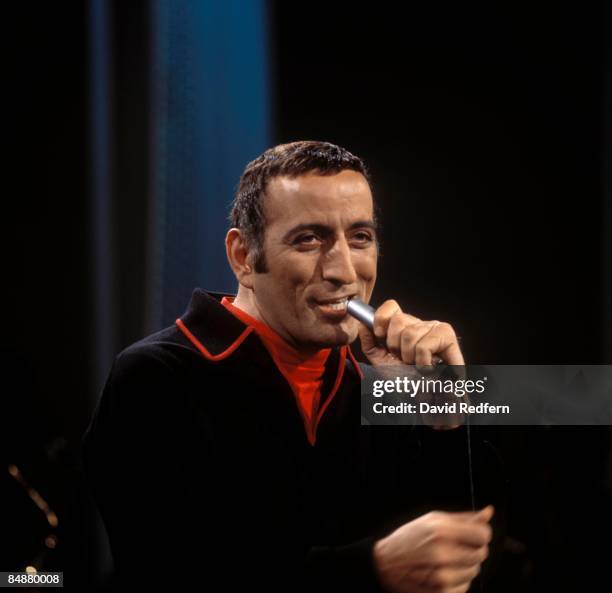 American singer Tony Bennett performs live on stage at Elstree Studios for an Associated Television broadcast in 1962.