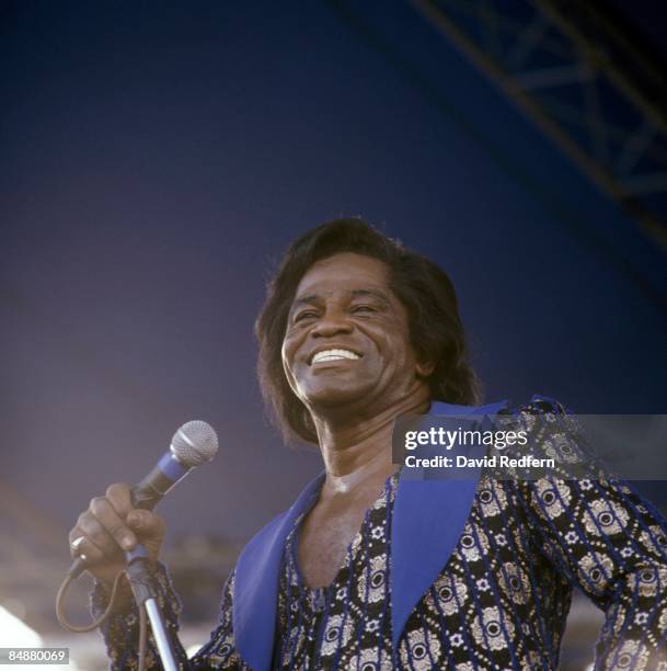 American soul singer and songwriter James Brown performs live on stage at the New Orleans Jazz & Heritage Festival in New Orleans, Louisiana, United...