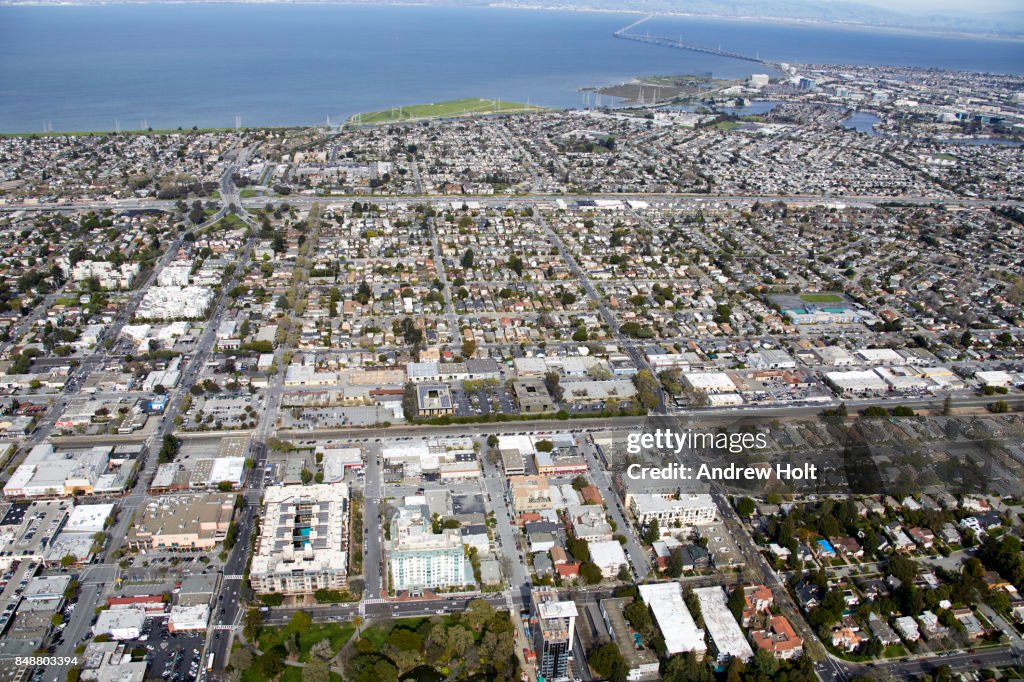 Aerial photography view north-east of central San Mateo and Foster City, San Francisco Bay Area. California, United States.
