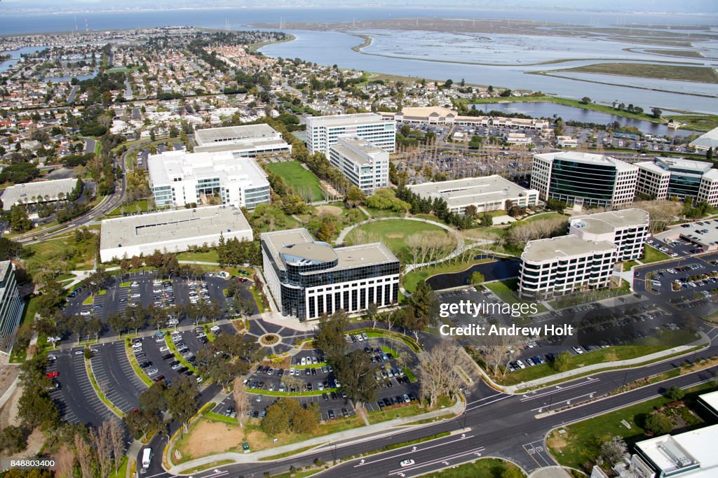 Aerial photography view north-east of Redwood Shores in the San Francisco Bay Area. California, United States.
