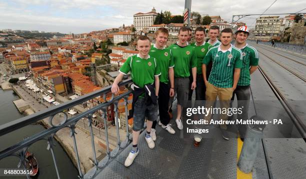 Northern Ireland fans pose for a picture on the Dom Luis Bridge in Porto ahead of the 2012 FIFA World Cup Qualifying match between Portugal and...