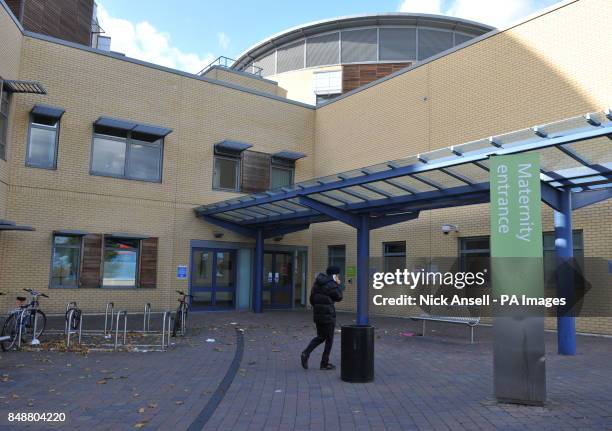 View of the maternity entrance at Queen's Hospital, Rom Valley Way, Romford, Essex. RM7 0AG.