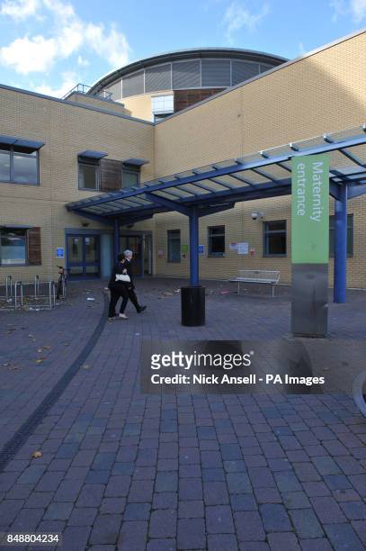 View of the maternity entrance at Queen's Hospital, Rom Valley Way, Romford, Essex. RM7 0AG.
