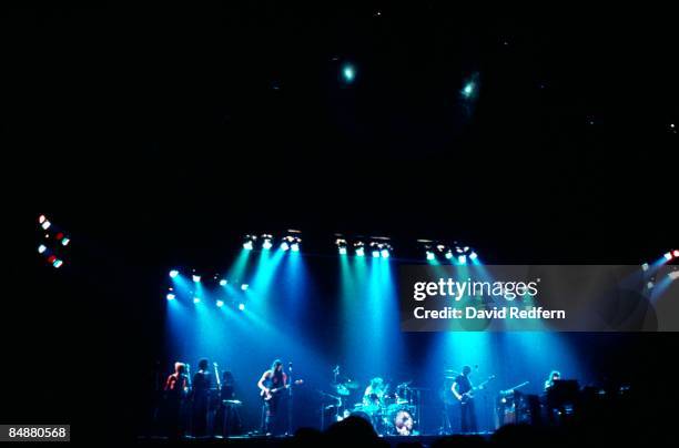 Photo of PINK FLOYD; L-R: backing singers, Dave Gilmour , Nick Mason , Roger Waters , Rick Wright performing live onstage on "Dark Side of the Moon"...