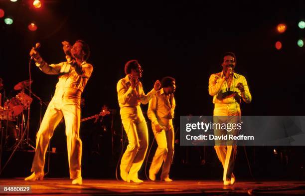 American vocal quartet The Four Tops (from left: Renaldo 'Obie' Benson , Abdul Duke Fakir, Lawrence Payton and Levi Stubbs , performing live on stage...