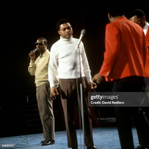 American vocal quartet the Four Tops, from left, Levi Stubbs, Renaldo Obie Benson, Lawrence Payton and Abdul Duke Fakir, perform on a television show...