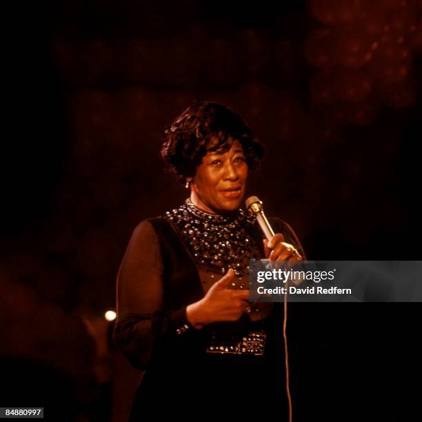 American jazz singer Ella Fitzgerald performs live on stage during a concert performance at Annabel's club in London in 1971.