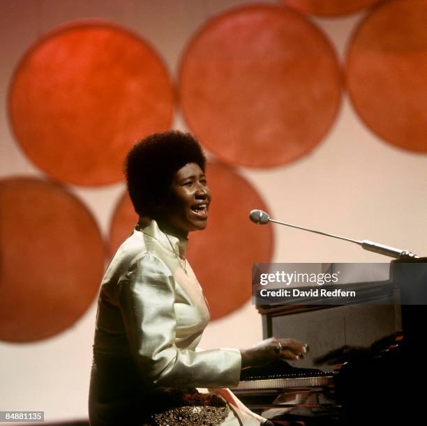 American soul singer Aretha Franklin performs at the piano during recording of the BBC Television show 'It's Lulu' at BBC Television Centre in London...