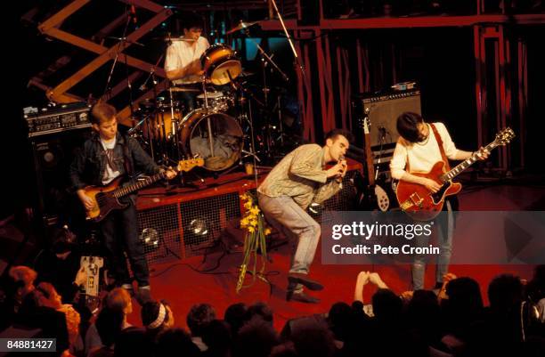 Photo of Mike JOYCE and SMITHS and MORRISSEY and Andy ROURKE and Johnny MARR; L-R: Andy Rourke, Mike Joyce , Morrissey, Johnny Marr , performing live...