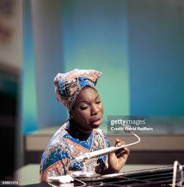 American singer, songwriter, pianist and civil rights activist Nina Simone performs on a television show at BBC Television Centre in London in 1966.