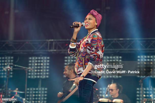 Imany performs at Printemps Solidaire at Place de la Concorde on September 17, 2017 in Paris, France.