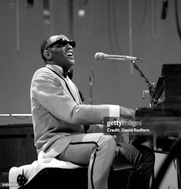 American singer, songwriter and pianist Ray Charles performs on stage during the recording of a television show for the BBC2 channel at BBC...