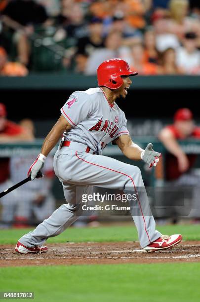 Ben Revere of the Los Angeles Angels bats against the Baltimore Orioles at Oriole Park at Camden Yards on August 19, 2017 in Baltimore, Maryland.