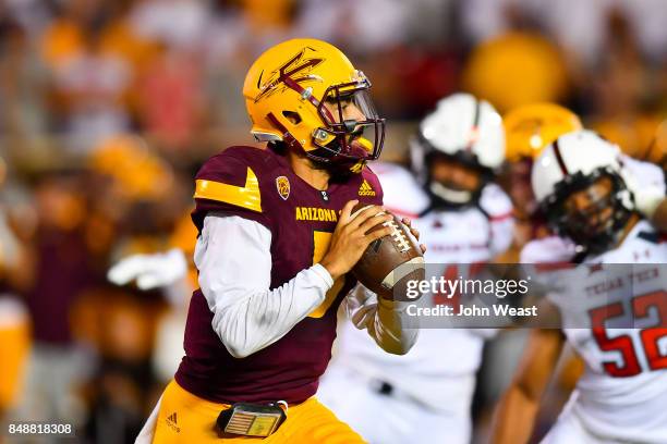 Manny Wilkins of the Arizona State Sun Devils looks to pas during the game against the Texas Tech Red Raiders on September 16, 2017 at Jones AT&T...