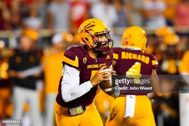 Manny Wilkins of the Arizona State Sun Devils looks to pas during the game against the Texas Tech Red Raiders on September 16, 2017 at Jones AT&T...