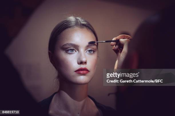 Model backstage ahead of the Temperley London show during London Fashion Week September 2017 on September 17, 2017 in London, England.