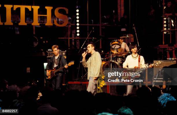 Photo of Mike JOYCE and SMITHS and MORRISSEY and Andy ROURKE and Johnny MARR; L-R: Andy Rourke, Morrissey, Mike Joyce , Johnny Marr , performing live...