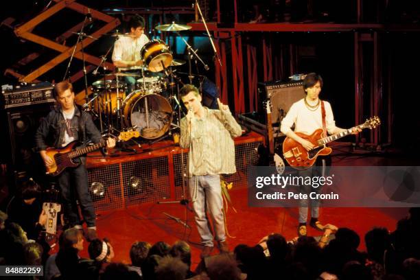 Photo of Mike JOYCE and SMITHS and MORRISSEY and Andy ROURKE and Johnny MARR; L-R: Andy Rourke, Mike Joyce , Morrissey, Johnny Marr , performing live...