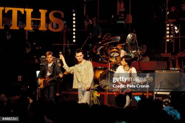 Photo of The SMITHS, from left, Andy Rourke, Morrissey, Mike Joyce , Johnny Marr , performing live on The Tube