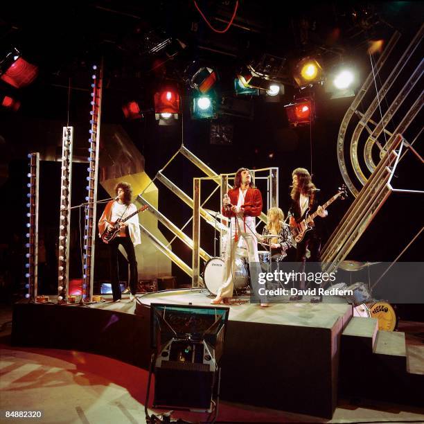 English rock group Queen perform their new single 'Killer Queen' on the BBC Television music show 'Top Of The Pops' at BBC Television Centre in...