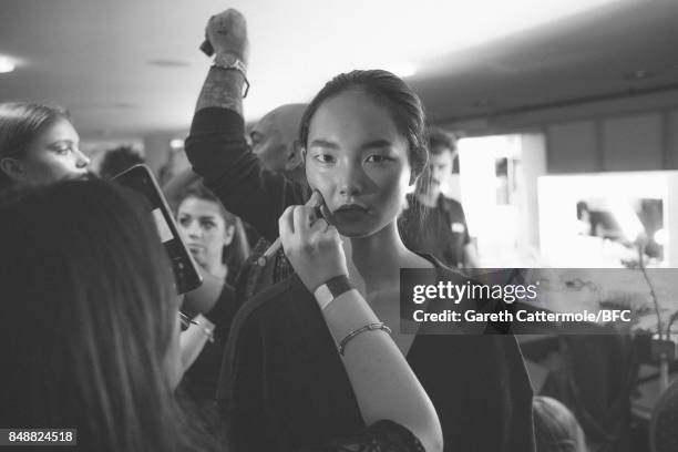 Model backstage ahead of the Temperley London show during London Fashion Week September 2017 on September 17, 2017 in London, England.