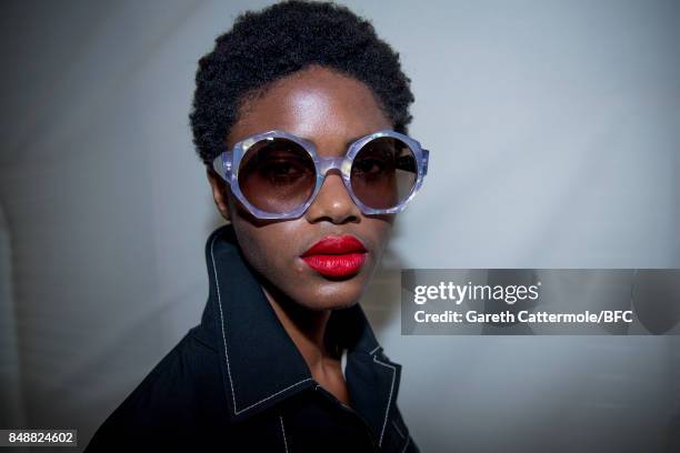 Model backstage ahead of the Temperley London show during London Fashion Week September 2017 on September 17, 2017 in London, England.