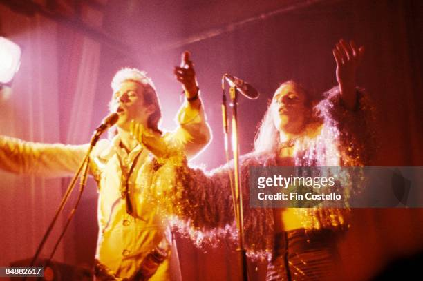 Photo of Brian ENO and Andy MacKAY and ROXY MUSIC; Andy Mackay and Brian Eno , performing live onstage on first UK tour,